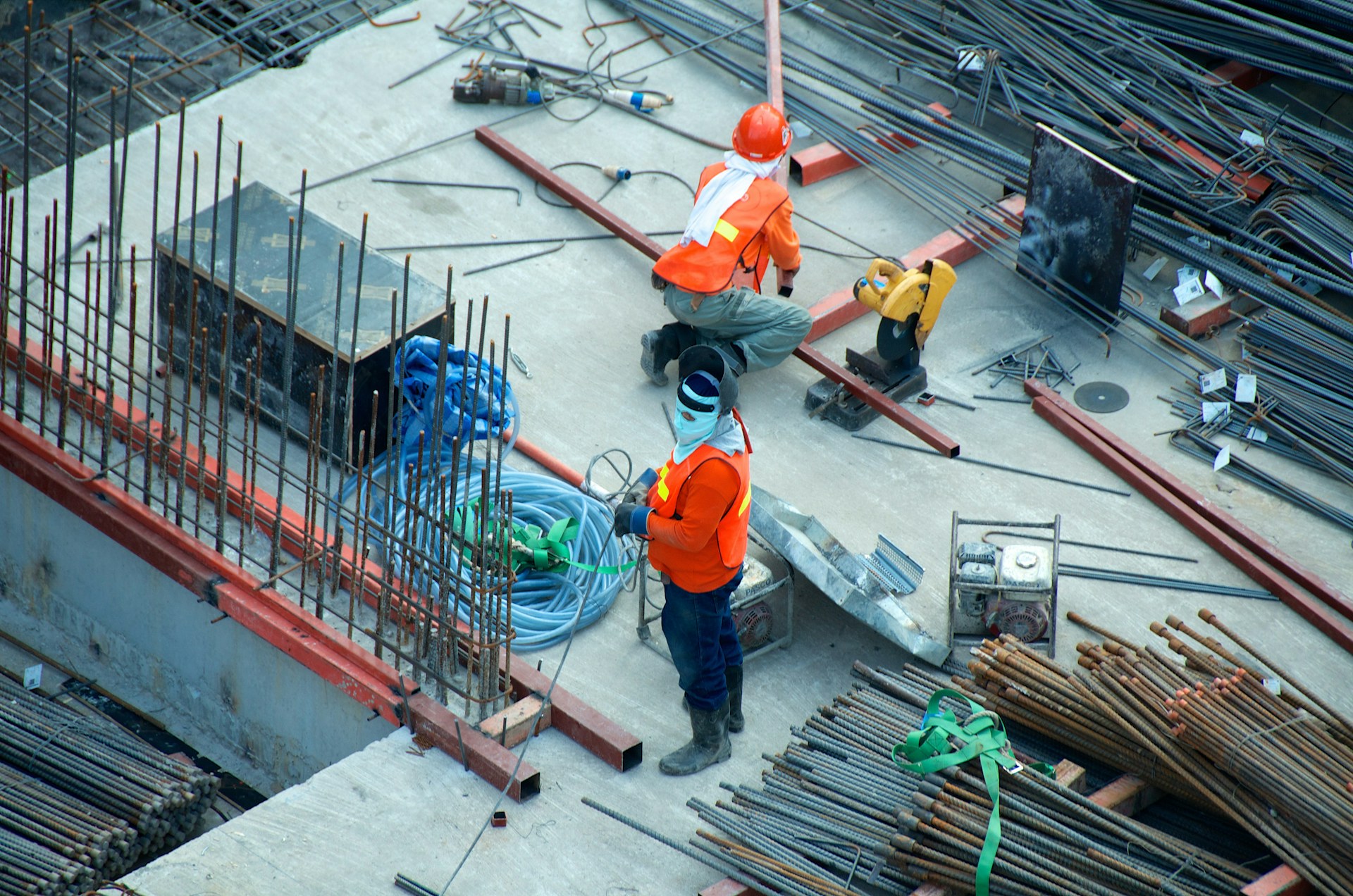 Construction site with structural framework and clear sky